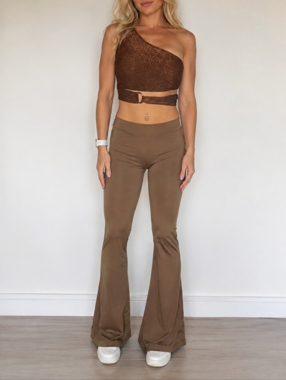 NWR Disco Sparkly One Shoulder Top Brown & Tan Flare Pants Size S